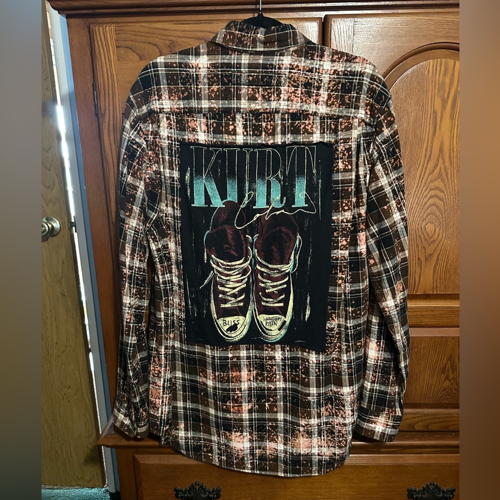 Kurt Cobain upcycled bleached flannel tee One of a Kind